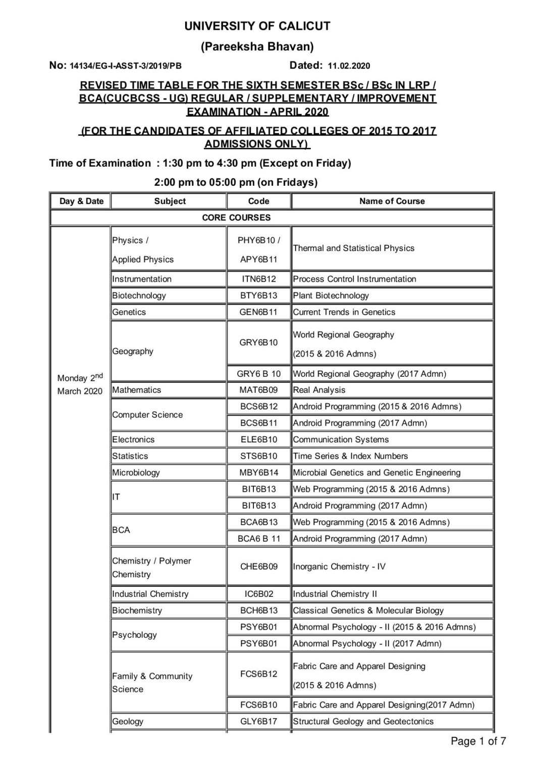 Download Bsc Sixth Semester Calicut University Time Table 2020