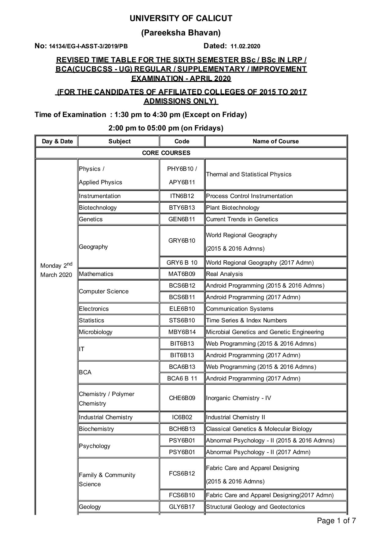 Download Bsc Sixth Semester Calicut University Time Table 2020