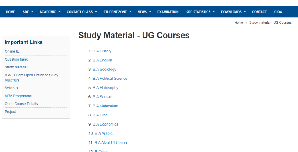 Calicut University Study Material Subject Lists